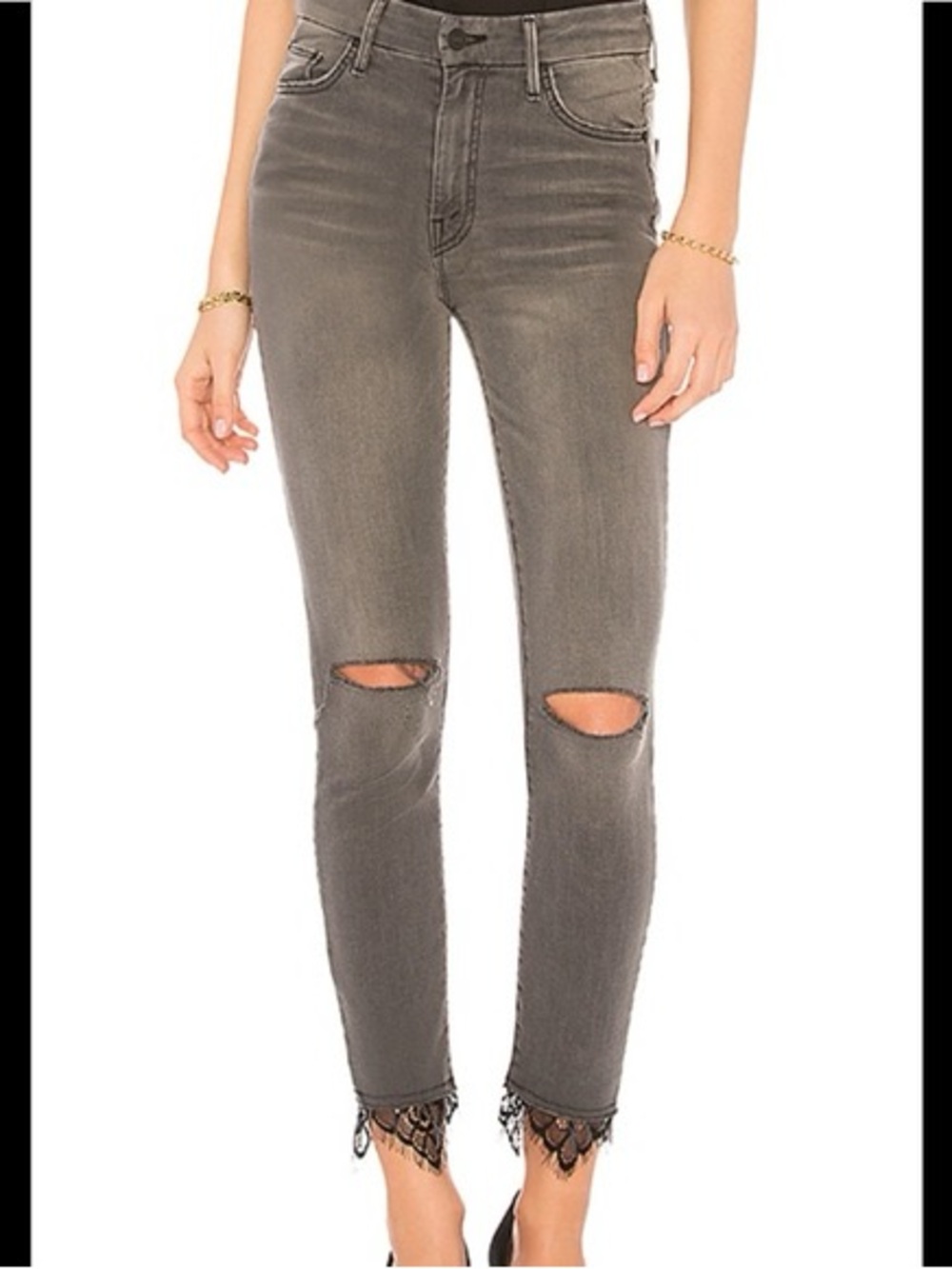 MOTHER Gray Distressed Skinny Jeans with Lace Trim